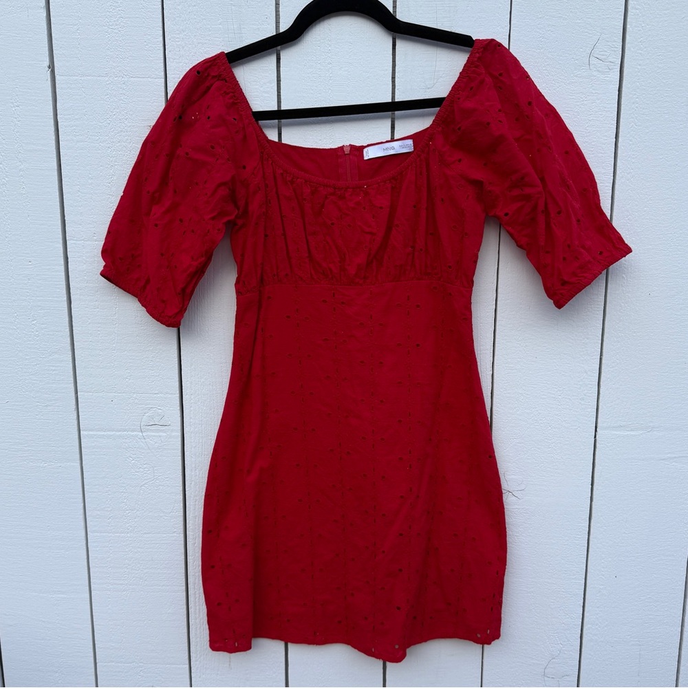 Mango Puff Sleeve Dress Red Lace